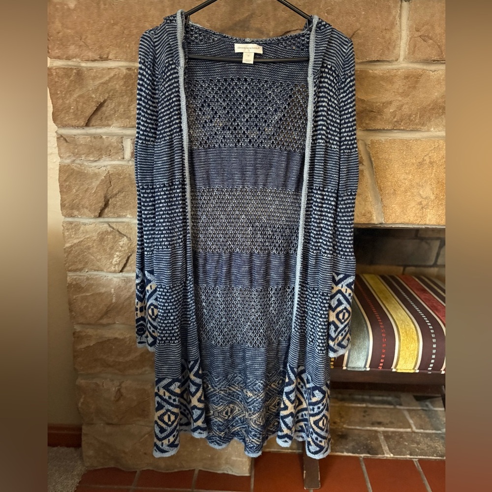 Christopher & Banks Blue/Tan Geometric Hooded Cardigan Sweater size Medium